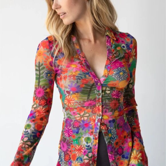 Natural Life Sz XL Carina Mesh Top Vivid Floral Flower Power Fitted Low V Sheer - Picture 3 of 16